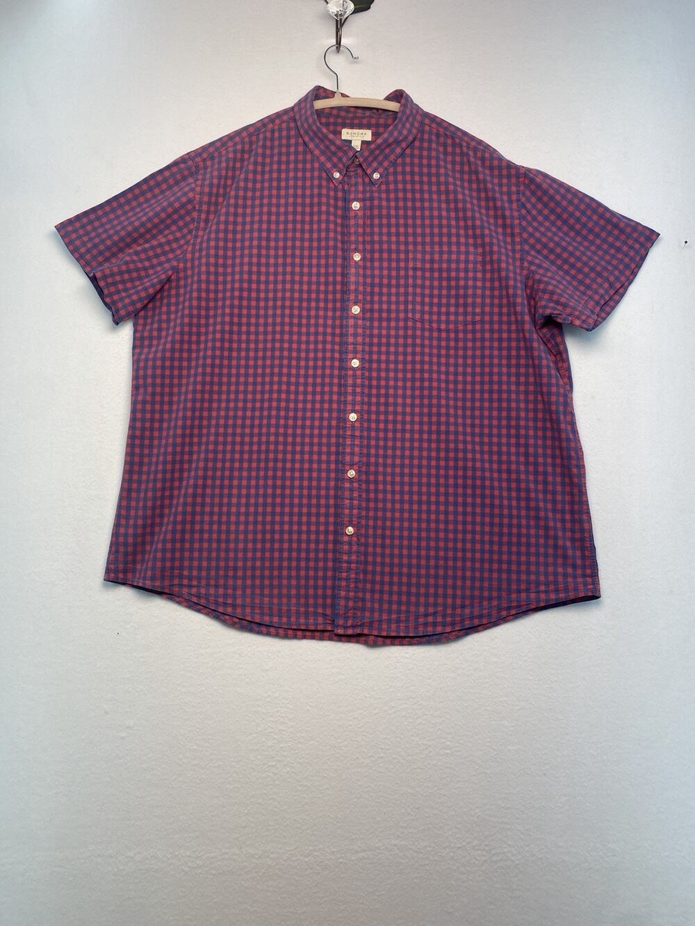 SONOMA XXL Mens Short Sleeve Red And Blue Button Down 💯 Cotton Shirt